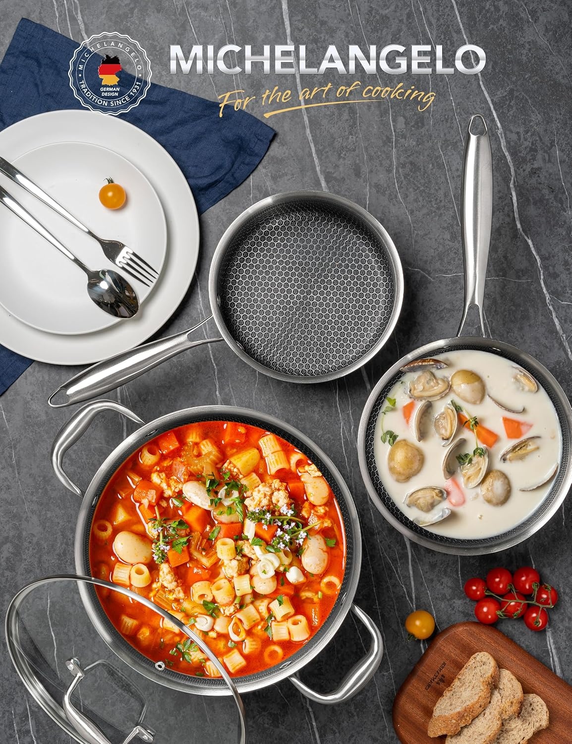 image:imageMICHELANGELO Triply Stainless Steel Pot Set Hybrid Nonstick Saucepan Set with Lids Induction Compatible Heavy Duty Sauce Pan 1QT amp 2QT amp 3QT Honeycomb Interior Dishwasher Safe Cookware 6 Piece238QT