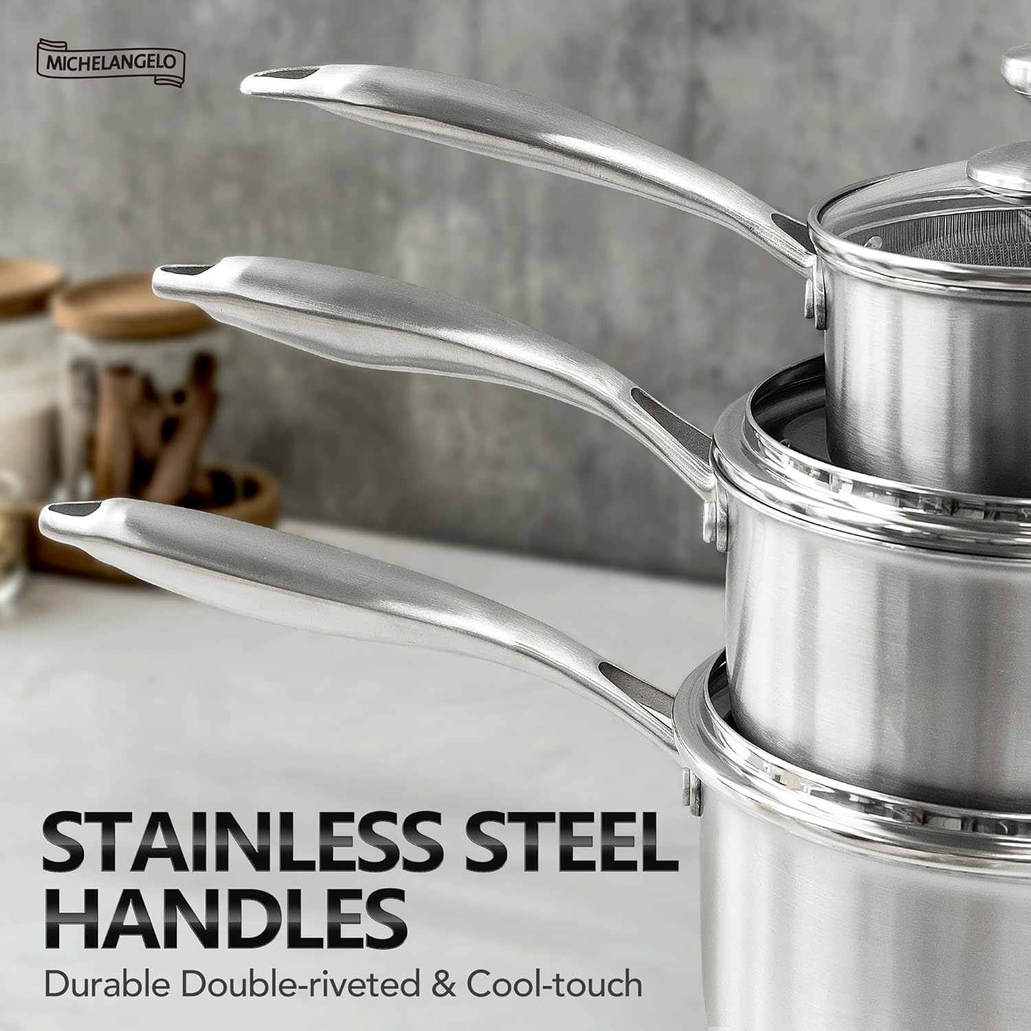 image:imageMICHELANGELO Triply Stainless Steel Pot Set Hybrid Nonstick Saucepan Set with Lids Induction Compatible Heavy Duty Sauce Pan 1QT amp 2QT amp 3QT Honeycomb Interior Dishwasher Safe Cookware 6 Piece123QT