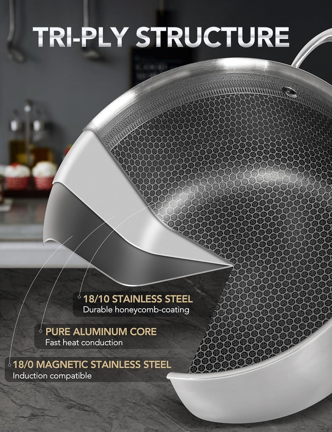image:imageMICHELANGELO Triply Stainless Steel Pot Set Hybrid Nonstick Saucepan Set with Lids Induction Compatible Heavy Duty Sauce Pan 1QT amp 2QT amp 3QT Honeycomb Interior Dishwasher Safe Cookware 6 Piece238QT