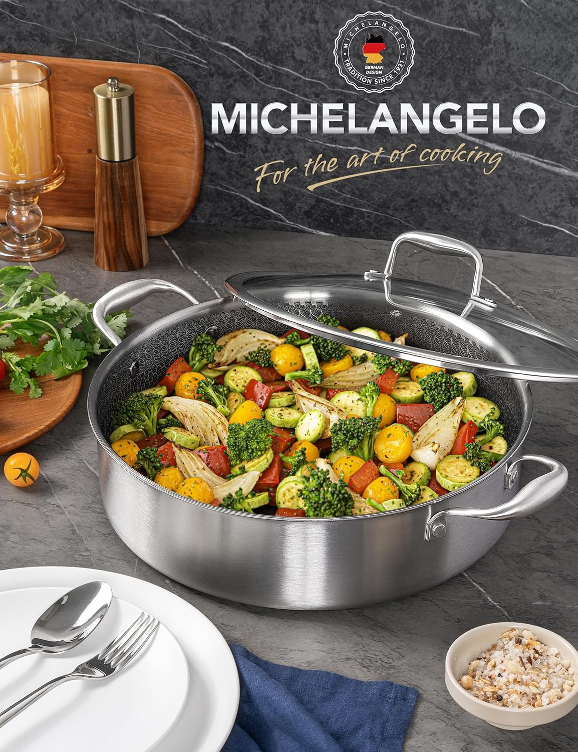 image:imageMICHELANGELO Triply Stainless Steel Stock Pot 8Quart Stockpot with Lid Triply Stainless Steel Saute Pan Deep Frying Pan with Lid
