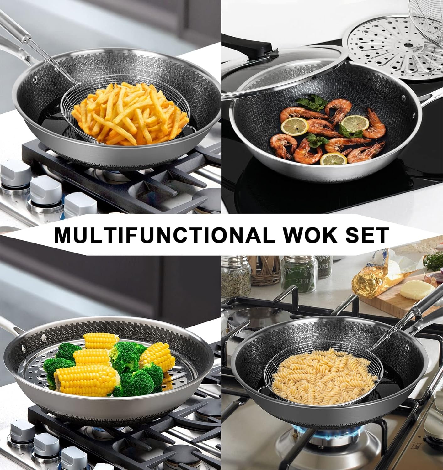 image:imageMICHELANGELO Wok Pan with Lid 12 Inch Stainless Steel Wok with Spider Strainer and Steaming Rack Honeycomb amp Stirfry Pans Flat Bottom Wok Induction Compatible Dishwasher and Oven Safe12 Inch Set