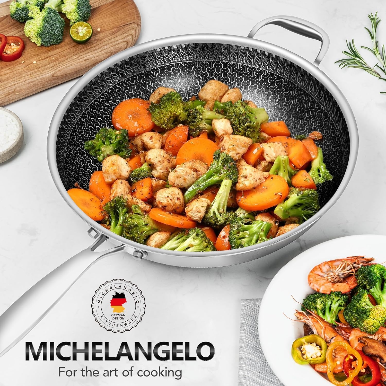 image:imageMICHELANGELO Wok Pan with Lid 12 Inch Stainless Steel Wok with Spider Strainer and Steaming Rack Honeycomb amp Stirfry Pans Flat Bottom Wok Induction Compatible Dishwasher and Oven Safe125 Inch