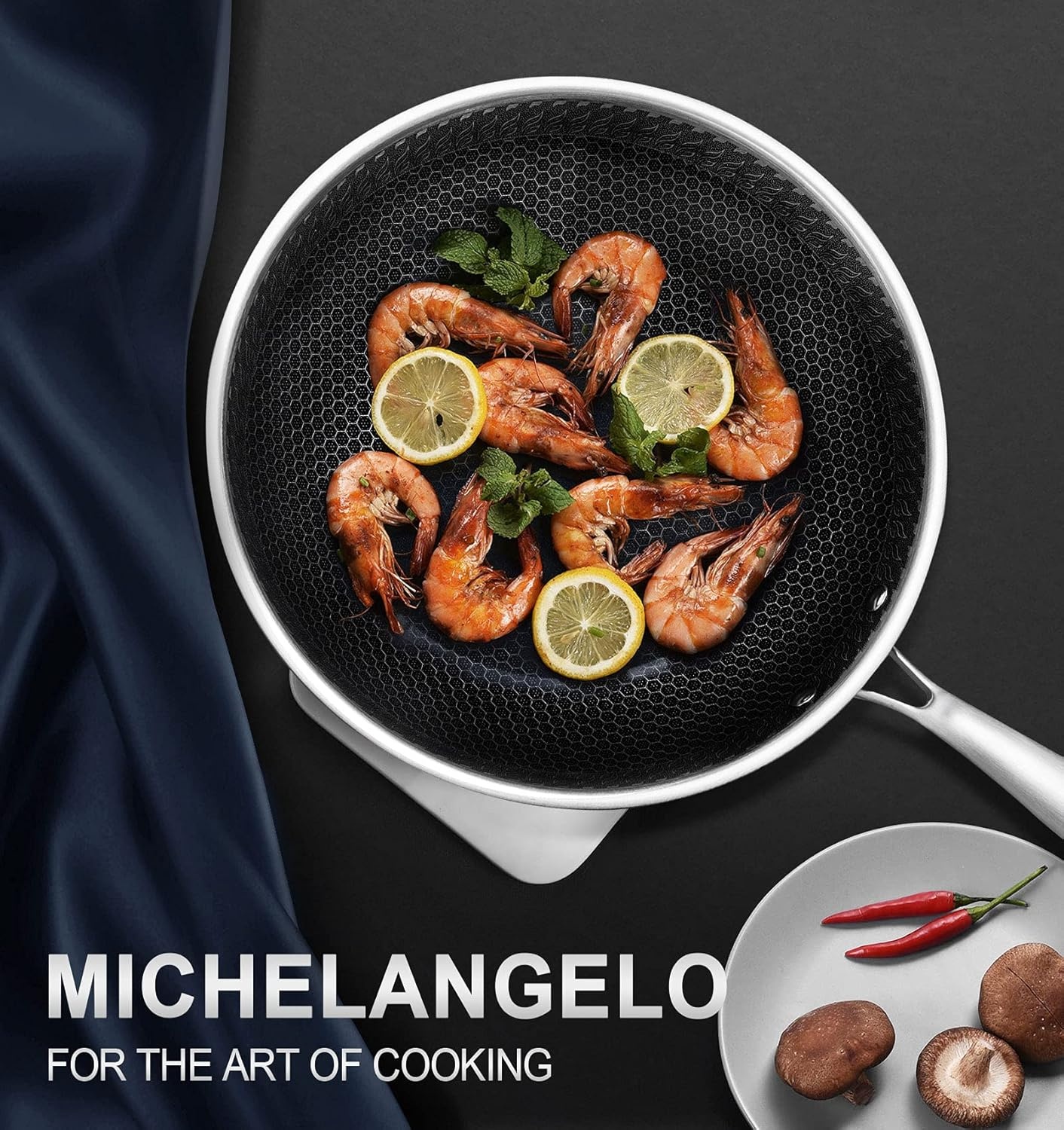 image:imageMICHELANGELO Wok Pan with Lid 12 Inch Stainless Steel Wok with Spider Strainer and Steaming Rack Honeycomb amp Stirfry Pans Flat Bottom Wok Induction Compatible Dishwasher and Oven Safe12 Inch Set