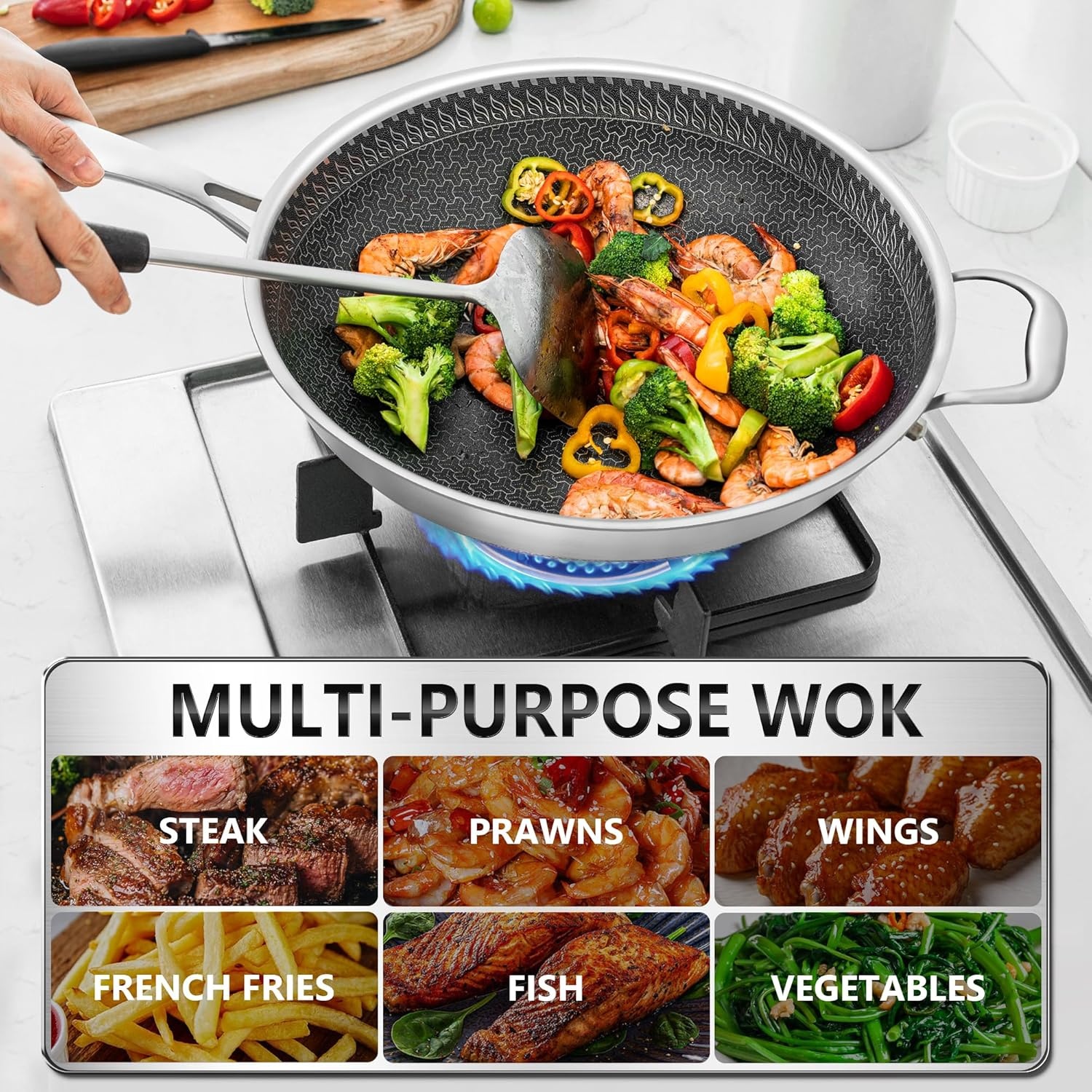 image:imageMICHELANGELO Wok Pan with Lid 12 Inch Stainless Steel Wok with Spider Strainer and Steaming Rack Honeycomb amp Stirfry Pans Flat Bottom Wok Induction Compatible Dishwasher and Oven Safe125 Inch