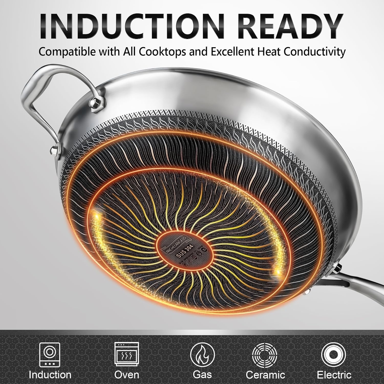 image:imageMICHELANGELO Wok Pan with Lid 12 Inch Stainless Steel Wok with Spider Strainer and Steaming Rack Honeycomb amp Stirfry Pans Flat Bottom Wok Induction Compatible Dishwasher and Oven Safe125 Inch