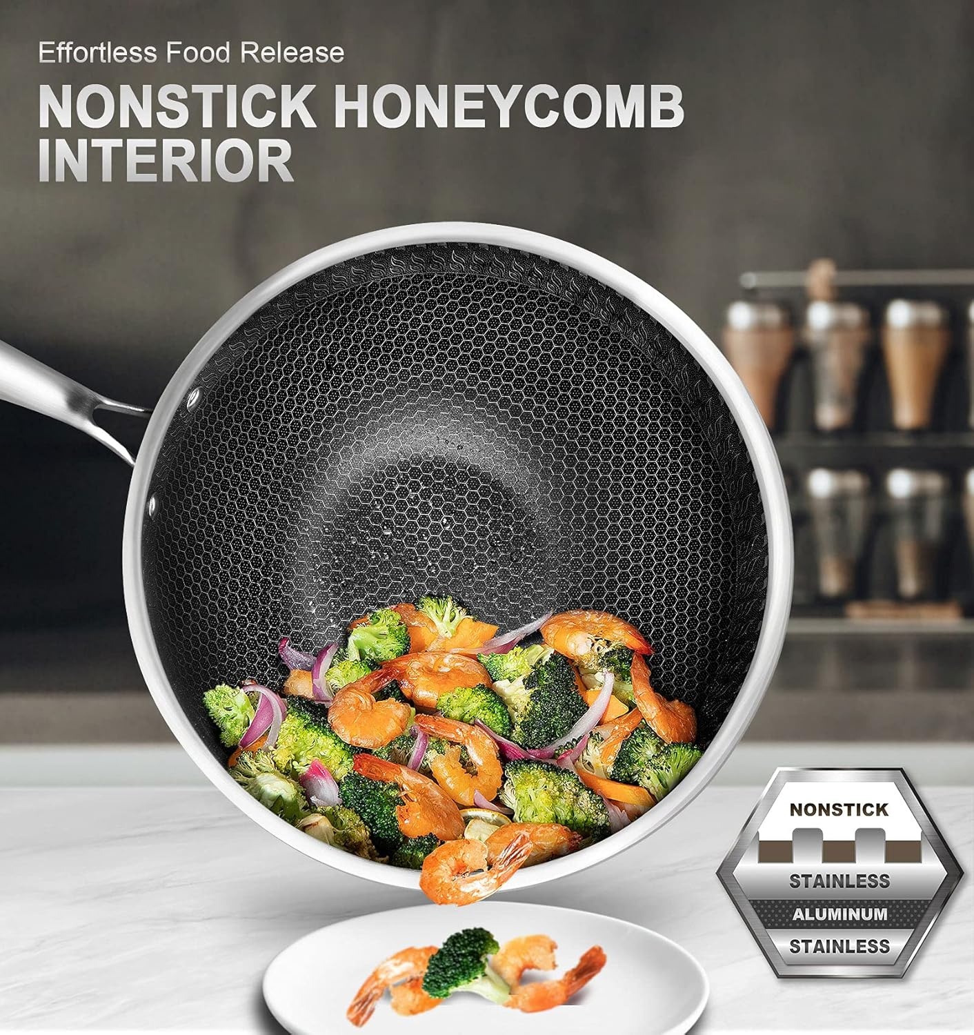 image:imageMICHELANGELO Wok Pan with Lid 12 Inch Stainless Steel Wok with Spider Strainer and Steaming Rack Honeycomb amp Stirfry Pans Flat Bottom Wok Induction Compatible Dishwasher and Oven Safe12 Inch Set