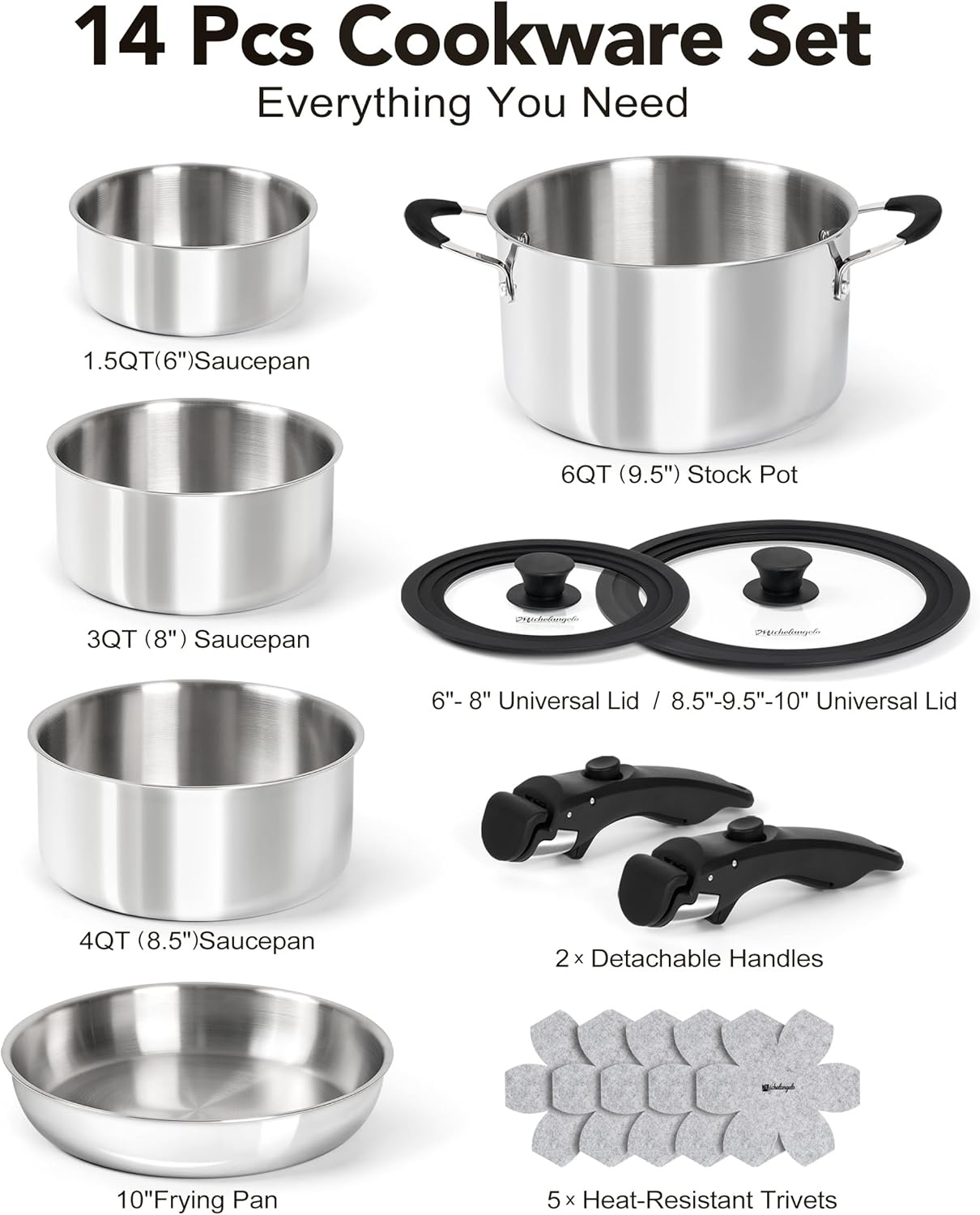 image:imageMichelangelo 14pcs TriPly Stainless Steel Cookware Set with Detachable Handle Induction Kitchen Cookware Set Oven Safe Pots and Pans Stackable RVCamping Cookware