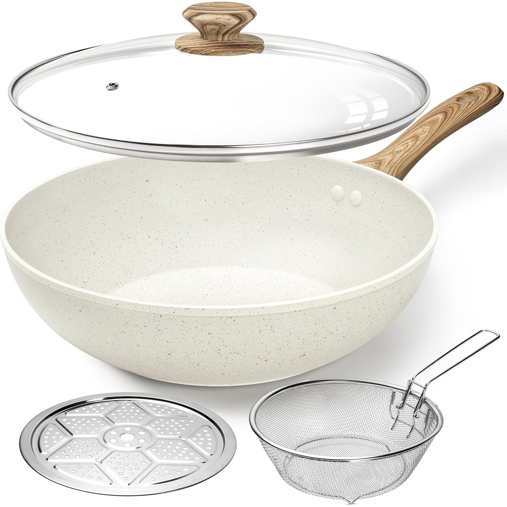 image:imageMICHELANGELO 12 Inch Wok Pan with Lid Woks amp StirFry Pans Nonstick Wok with Lid Stir Fry Pan with CoolTouch Handle Induction Wok Set with Stainless Steamer amp Fryer BasketWhite