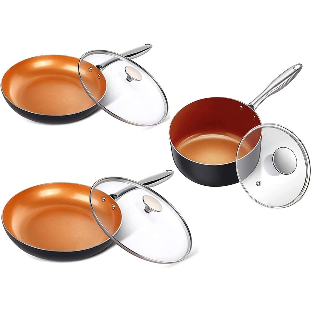 image:imageMICHELANGELO 3 Quart Saucepan 8 Inch 10 Inch Frying Pan with Lid Ultra Nonstick Coppper Pan Set with Lid Ceramic Nonstick Pan Set with Lid and Copper Pot and Pan