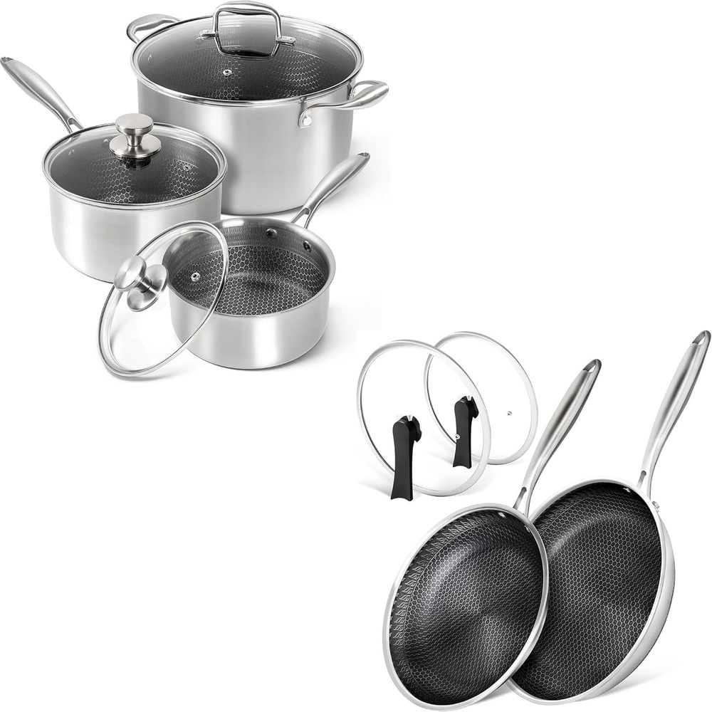 image:imageMICHELANGELO 6 Pcs Triply Stainless Steel Pot Set 2QT amp 3QT amp 8QT Pot with Lids Nonstick HoneyComb Interior Stainless Steel Frying Pan Set with Lids 95 amp 11 Inch Frying Pans