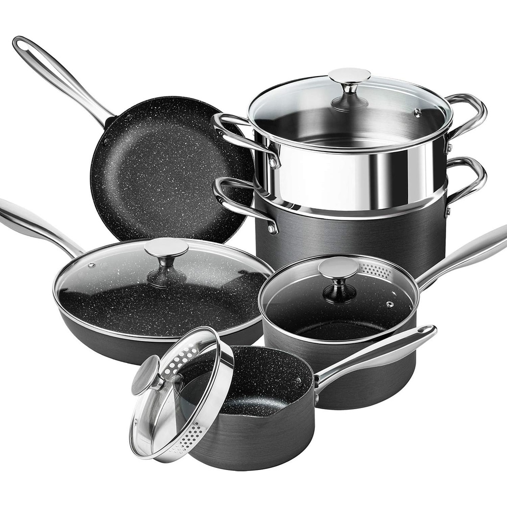image:imageMICHELANGELO Hard Anodized Cookware Set 10 Pcs Non Stick Pots and Pans Set with Granite Interior Induction Cookware Set with Steamer InsertHard Anodized 10 pcs