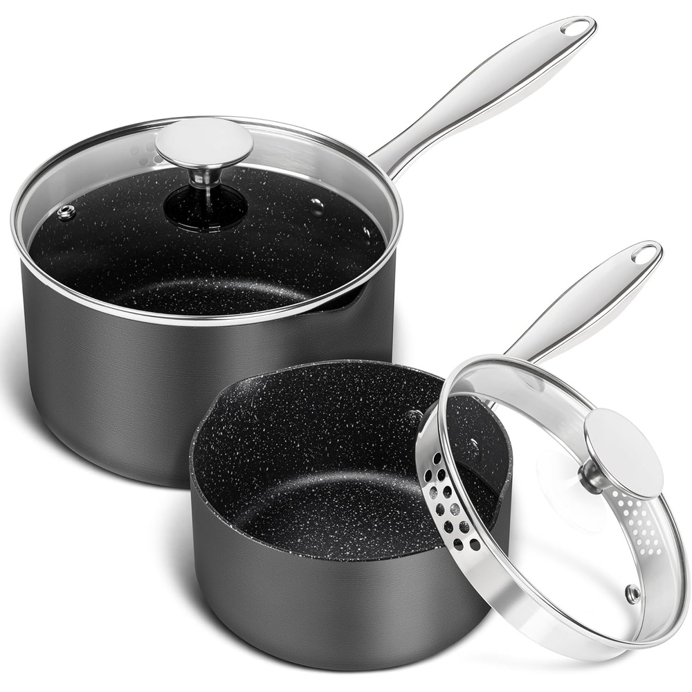 image:imageMICHELANGELO Hard Anodized Saucepan Set with Lids Nonstick Saucepan with Pour Spouts amp Strainer Lid for Easy Pour Granite Derived Coating Sauce Pot Set 15QT amp 2QT amp3QT Induction Sauce Pans153 Quarts