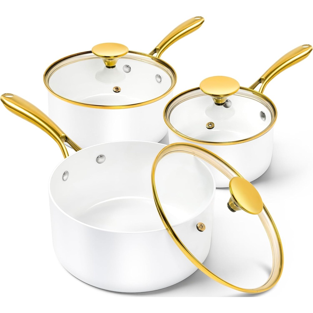 image:imageMICHELANGELO Sauce Pan with Lid Nonstick Ceramic Saucepan Set1Qt amp 2Qt amp 3Qt Small Pots with Ergonomic Handle Sauce Pans Sets Oven Safe WhiteWhite