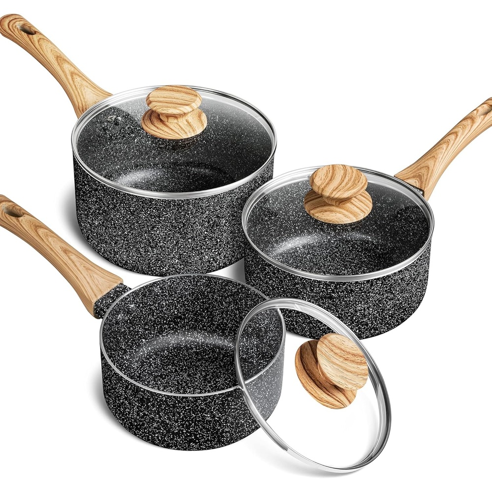 image:imageMICHELANGELO Saucepan Set 3Piece Nonstick Sauce Pans with Lids 1QT 2QT 3QT Black Granite Stone3Piece Set 1 quart 2 quarts 3 quarts