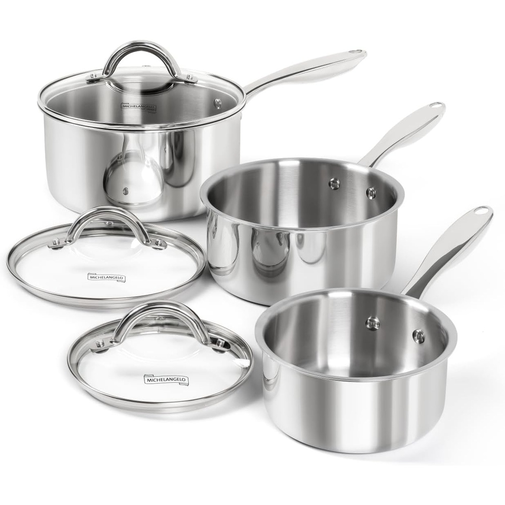 image:imageMICHELANGELO Saucepan Set 6pc 1810 Stainless Steel Sauce Pan with Lid TriPly Bottom Sauce Pot Set Nonstick Saucepan Induction Compatible 1QT amp 2QT amp3QTFull TriPly