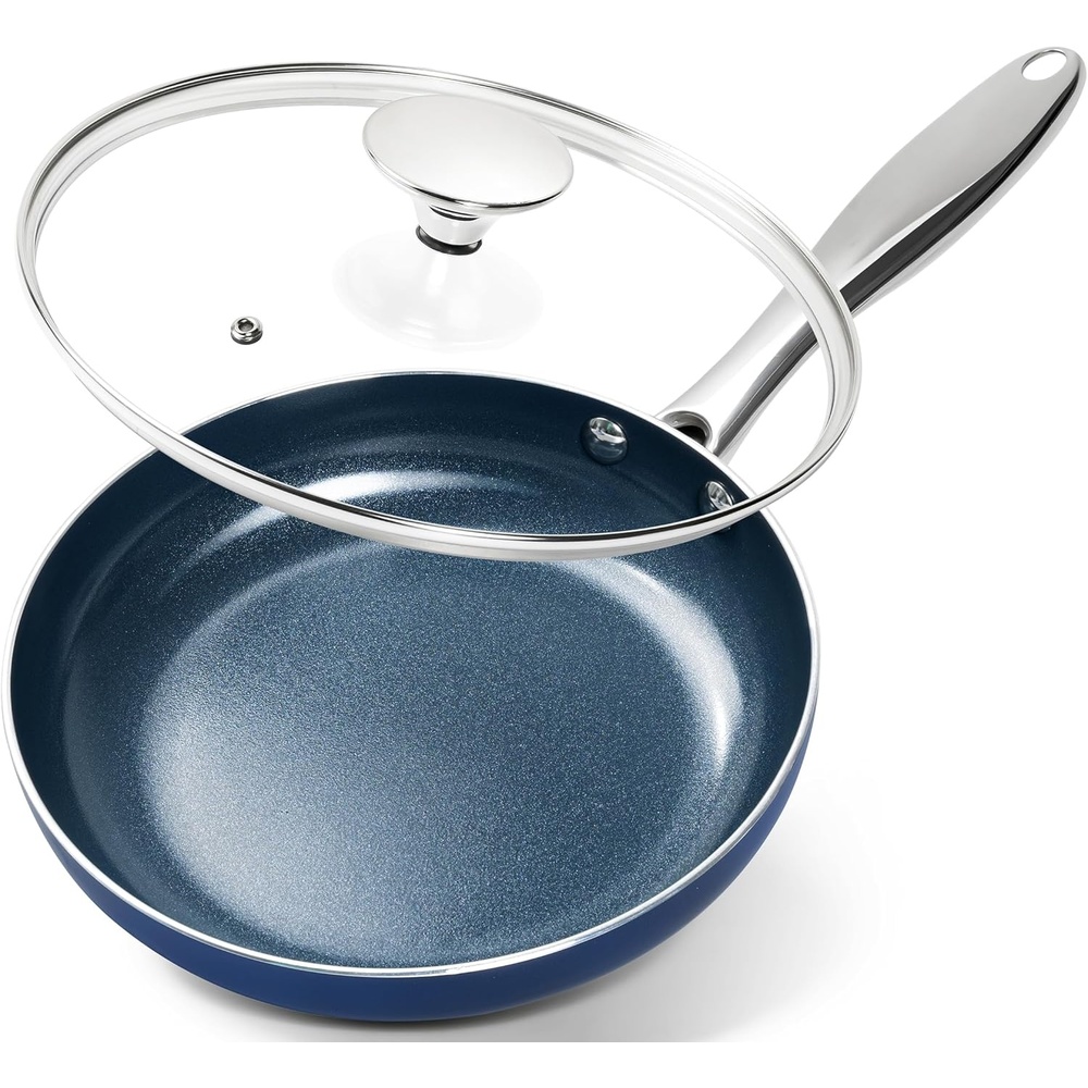 image:imageMICHELANGELO Small Frying Pan 8 Inch Nonstick Frying Pan with Lid NonToxic Omelette Pan with Stainless Handle Nonstick Skillet BlueCeramic8 Inch