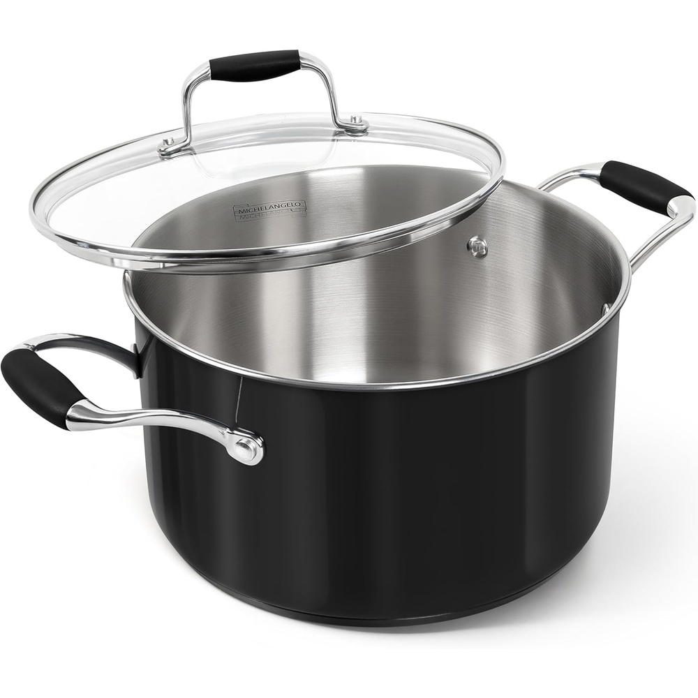 image:imageMICHELANGELO Stainless Steel Cooking Pot 6 Quart Soup Pot with Lid NonToxic Stockpot Induction Compatible Oven amp Dishwasher Safe Black ExteriorBlack