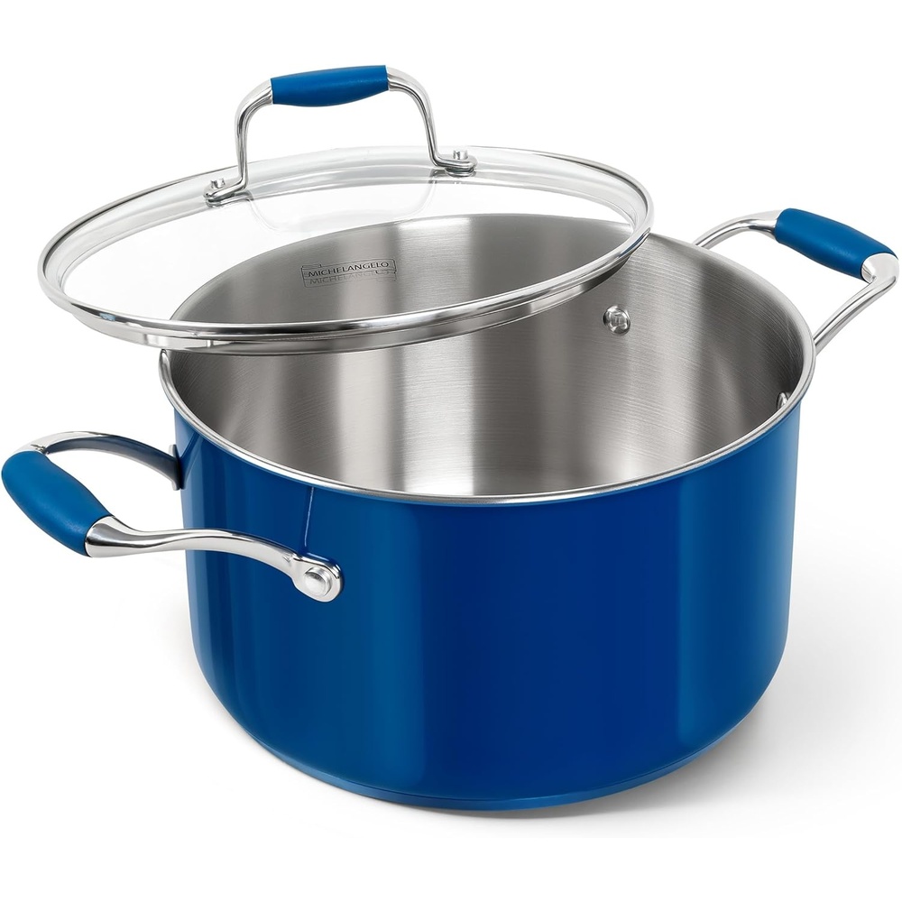 image:imageMICHELANGELO Stainless Steel Cooking Pot 6 Quart Soup Pot with Lid NonToxic Stockpot Induction Compatible Oven amp Dishwasher Safe Black ExteriorBlue
