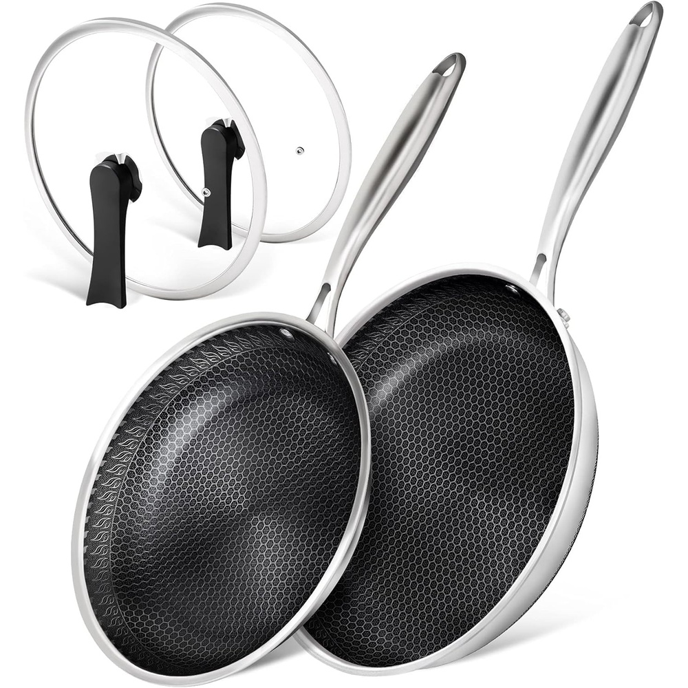 image:imageMICHELANGELO Stainless Steel Frying Pan Set with Lids 95 amp 11 Inch Frying Pans Nonstick Stainless Steel Fry Pan Set Honeycomb Pans for Cooking Skillet with Lid Induction Compatible1012Inch