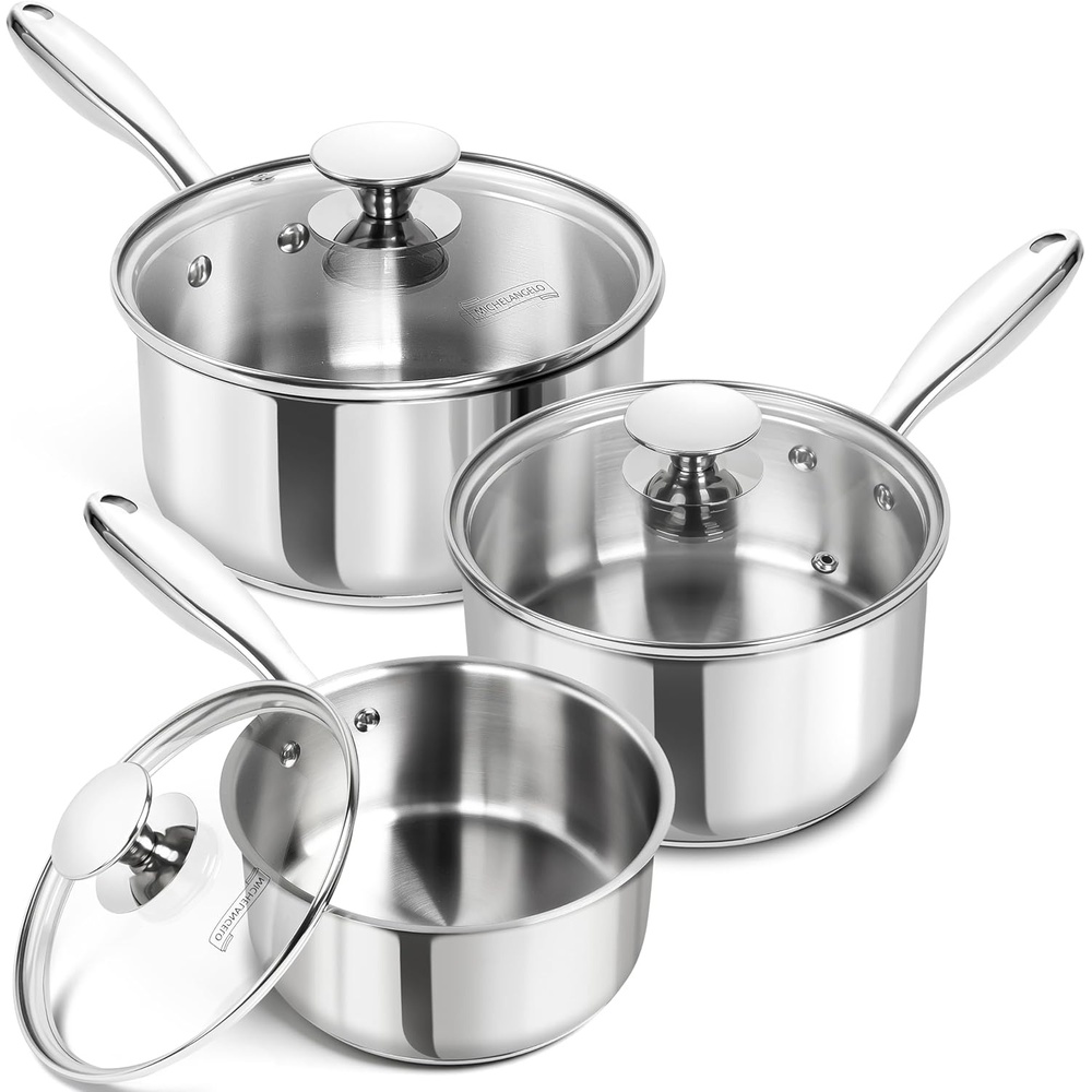 image:imageMICHELANGELO Stainless Steel Sauce Pan Set 1 2 3 Qt Saucepans with Lids Small Stainless Steel Pots for Cooking Induction Compatible Dishwasher amp Oven Safe123 Quart