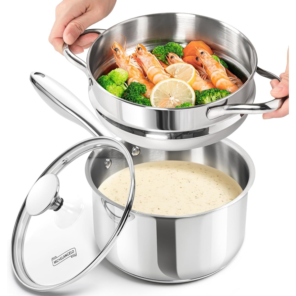 image:imageMICHELANGELO Stainless Steel Sauce Pan Set 1 2 3 Qt Saucepans with Lids Small Stainless Steel Pots for Cooking Induction Compatible Dishwasher amp Oven Safe25 Quart