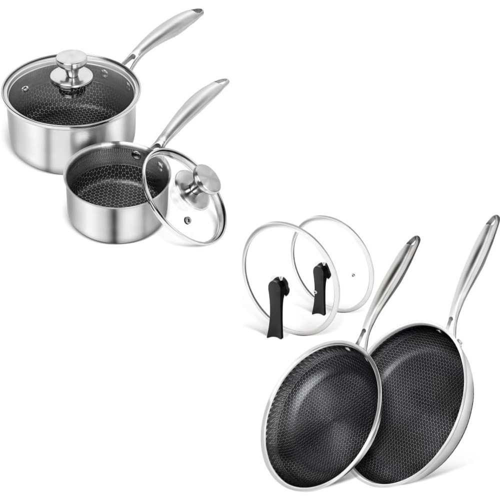 image:imageMICHELANGELO Stainless Steel Saucepan Set 1QT amp 2QT Frying Pan with Lid 10 amp 12 Inch Stainless Steel Pans with Honeycomb Coating