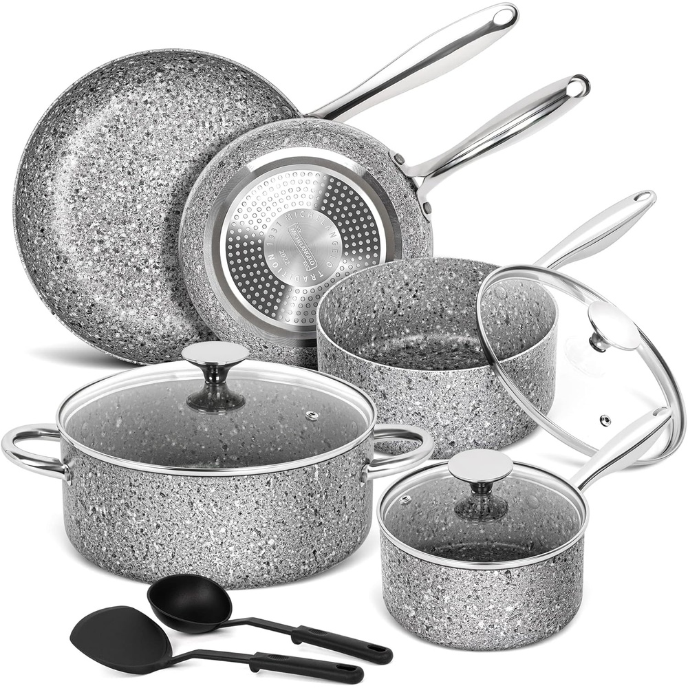 image:imageMICHELANGELO Stone Cookware Set 10 Piece Ultra Nonstick Pots and Pans Set with StoneDerived Coating Kitchen Cookware Sets Stone Cookware Sets Granite Pots and Pans 10 PieceGrey 10 Piece