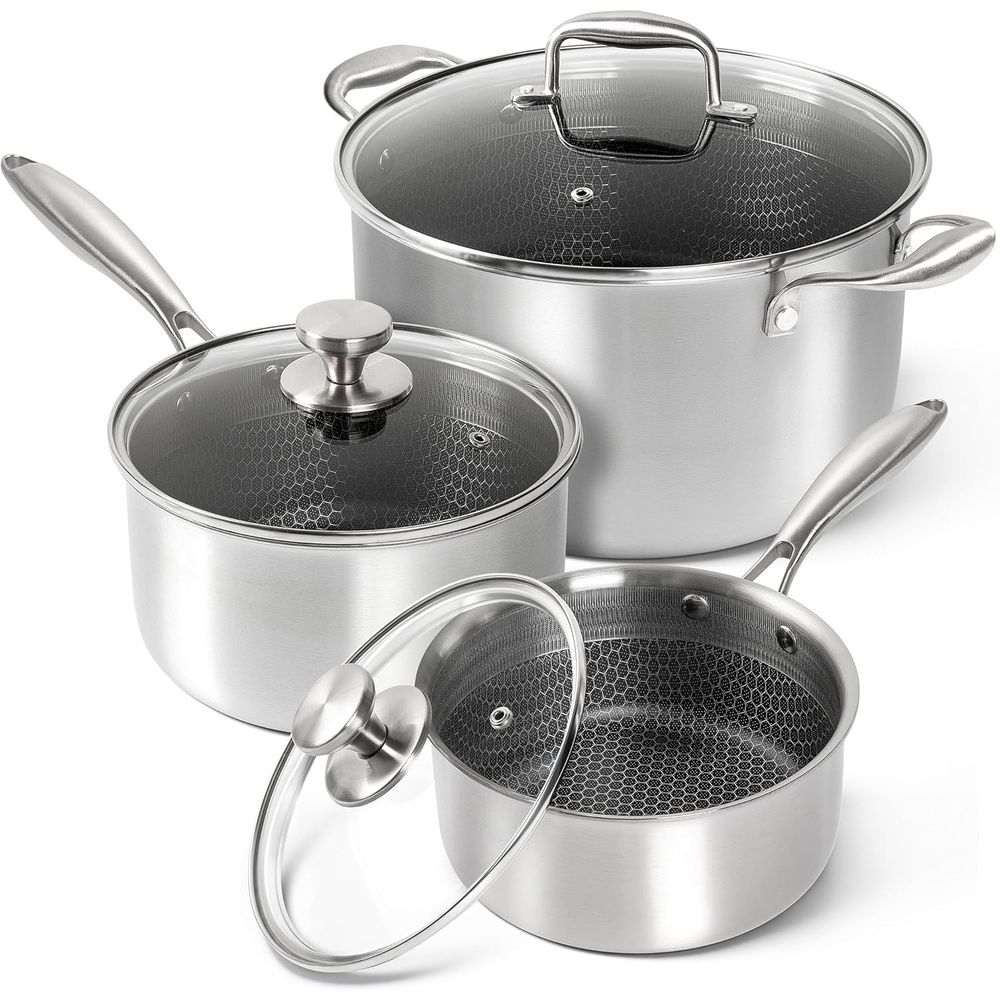 image:imageMICHELANGELO Triply Stainless Steel Pot Set Hybrid Nonstick Saucepan Set with Lids Induction Compatible Heavy Duty Sauce Pan 1QT amp 2QT amp 3QT Honeycomb Interior Dishwasher Safe Cookware 6 Piece238QT