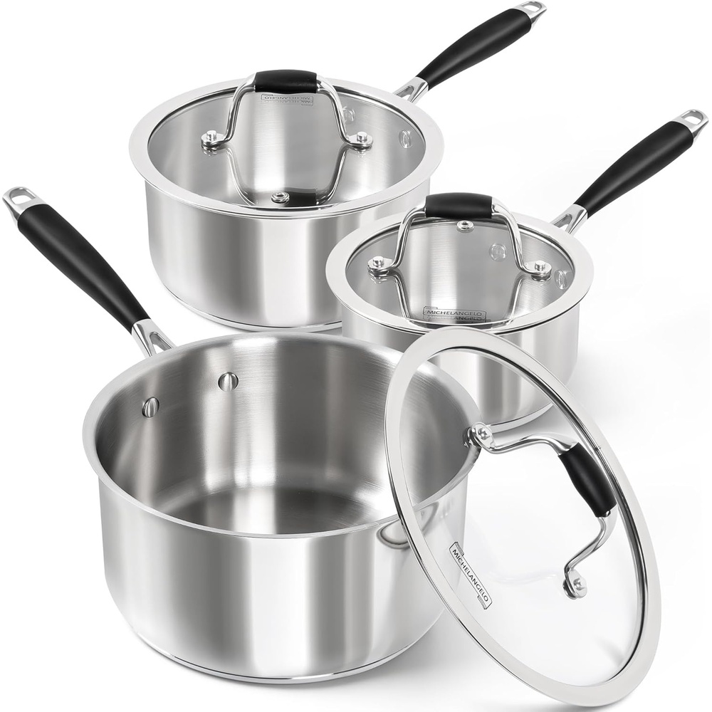 image:imageMICHELANGELO Triply Stainless Steel Saucepan with Lid 6 Pcs Stainless Steel Sauce Pan with Bakelite Handle Multipurpose Saucepans Set for Kitchen Cooking Induction Compatible 1QT amp 2QT amp 3QT