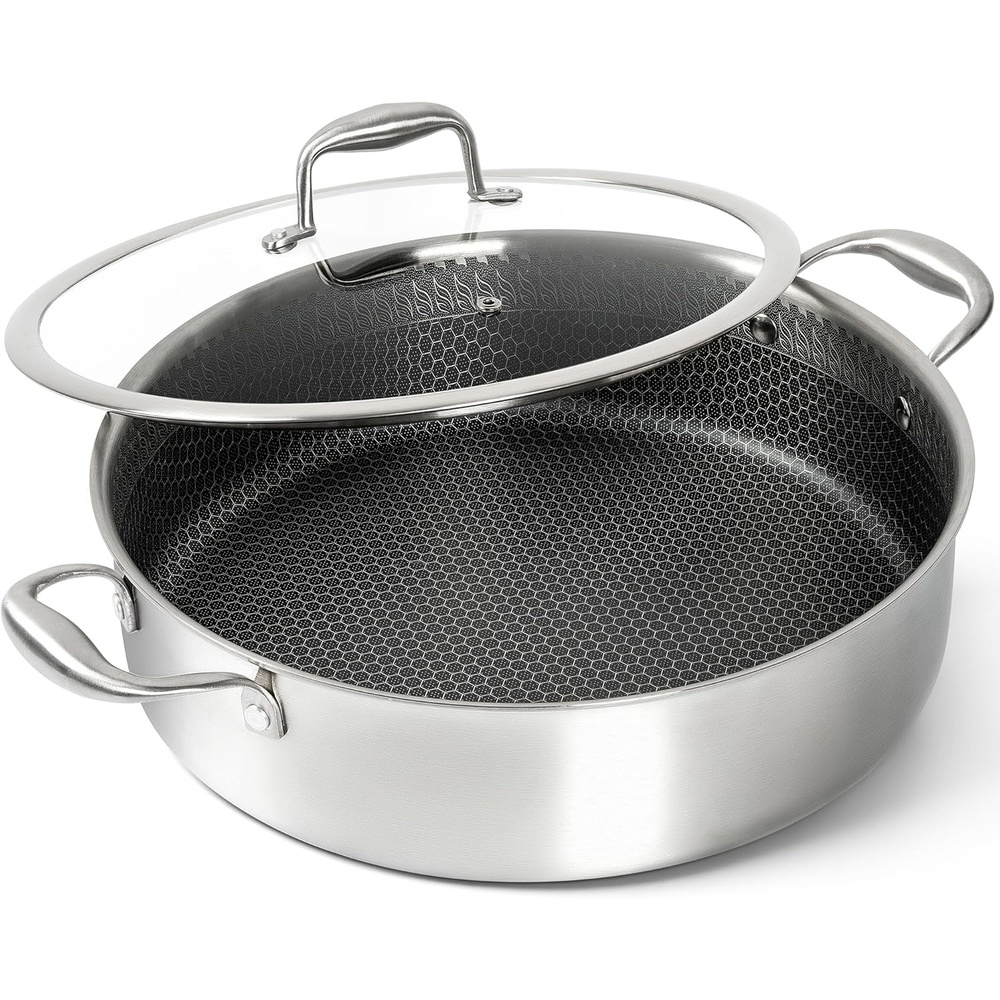 image:imageMICHELANGELO Triply Stainless Steel Saute Pan 6 Quart Deep Frying Pan with Lid 1810 Large Saute Pan with Nonstick Honeycomb Interior Induction Compatible amp Oven Safe 125 Inch6QT with Double Handles
