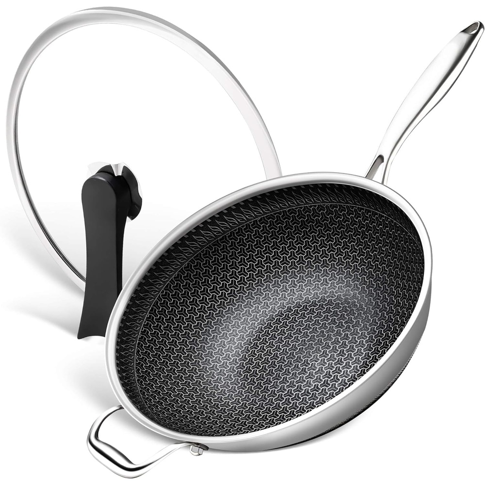 image:imageMICHELANGELO Wok Pan with Lid 12 Inch Stainless Steel Wok with Spider Strainer and Steaming Rack Honeycomb amp Stirfry Pans Flat Bottom Wok Induction Compatible Dishwasher and Oven Safe125 Inch