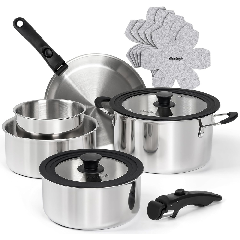 image:imageMichelangelo 14pcs TriPly Stainless Steel Cookware Set with Detachable Handle Induction Kitchen Cookware Set Oven Safe Pots and Pans Stackable RVCamping Cookware