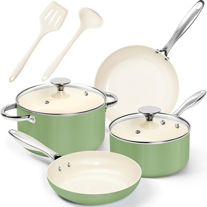 image:imageMICHELANGELO Pots and Pans Set Non Stick 8Piece Tiinfused Ceramic Cookware Set with Silicone Utensils  Induction Compatible Oven Safe PFOAFree BlueGreen