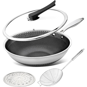 image:imageMICHELANGELO Wok Pan with Lid 12 Inch Stainless Steel Wok with Spider Strainer and Steaming Rack Honeycomb amp Stirfry Pans Flat Bottom Wok Induction Compatible Dishwasher and Oven Safe12 Inch Set