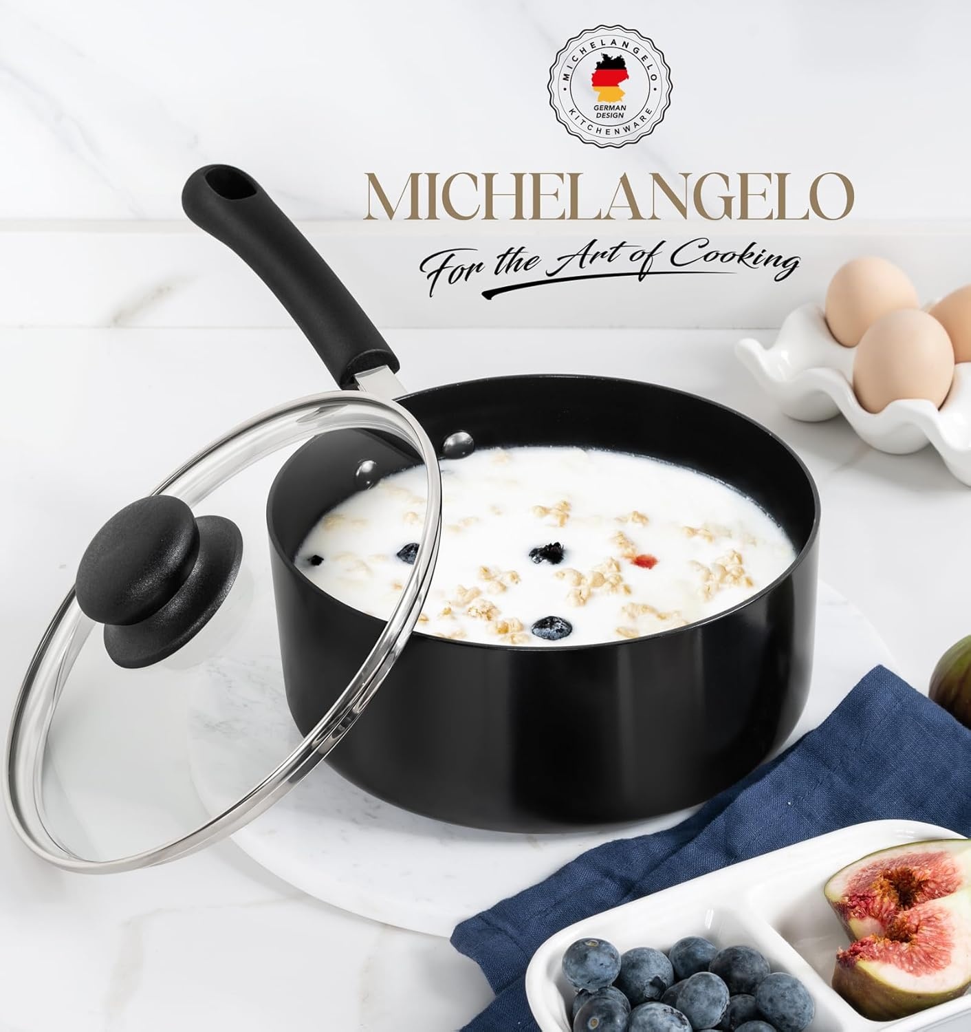 image:imageMICHELANGELO Nonstick Saucepan with Lid Ceramic Sauce Pan Sets Easy to Clean Sauce Pans MultiPurpose Cooking Pots 1QT amp 2QT amp 3QT WhiteBlack