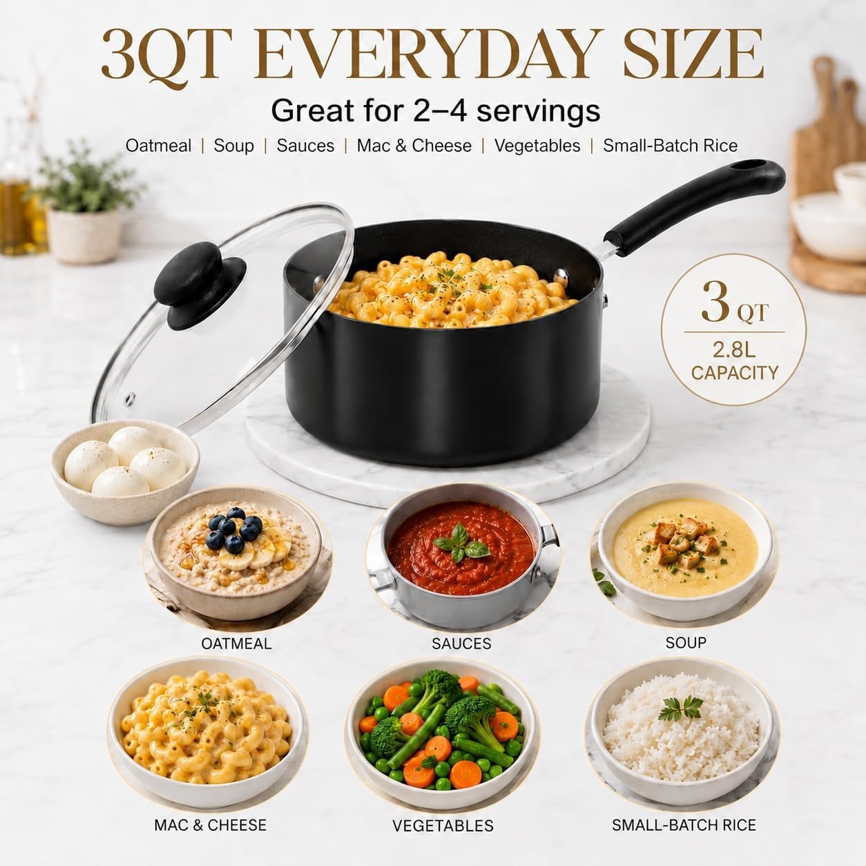 image:imageMICHELANGELO Nonstick Saucepan with Lid Ceramic Sauce Pan Sets Easy to Clean Sauce Pans MultiPurpose Cooking Pots 1QT amp 2QT amp 3QT WhiteBlack