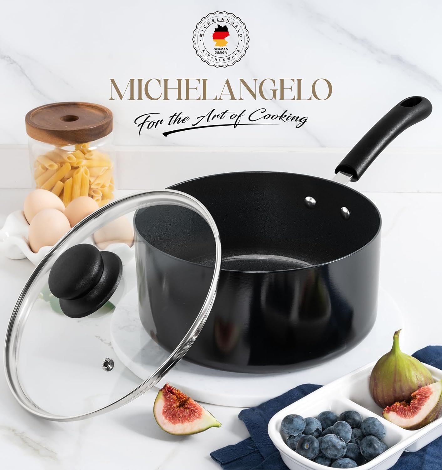image:imageMICHELANGELO Nonstick Saucepan with Lid Ceramic Sauce Pan Sets Easy to Clean Sauce Pans MultiPurpose Cooking Pots 1QT amp 2QT amp 3QT WhiteBlack