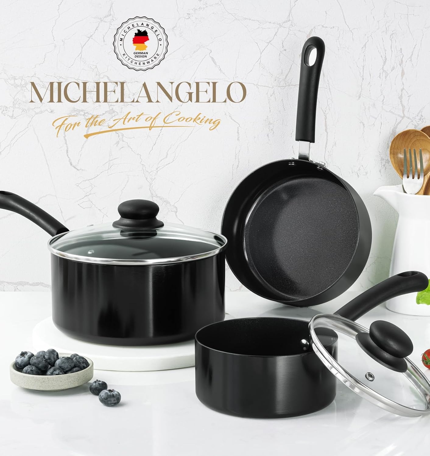 image:imageMICHELANGELO Nonstick Saucepan with Lid Ceramic Sauce Pan Sets Easy to Clean Sauce Pans MultiPurpose Cooking Pots 1QT amp 2QT amp 3QT WhiteBlack