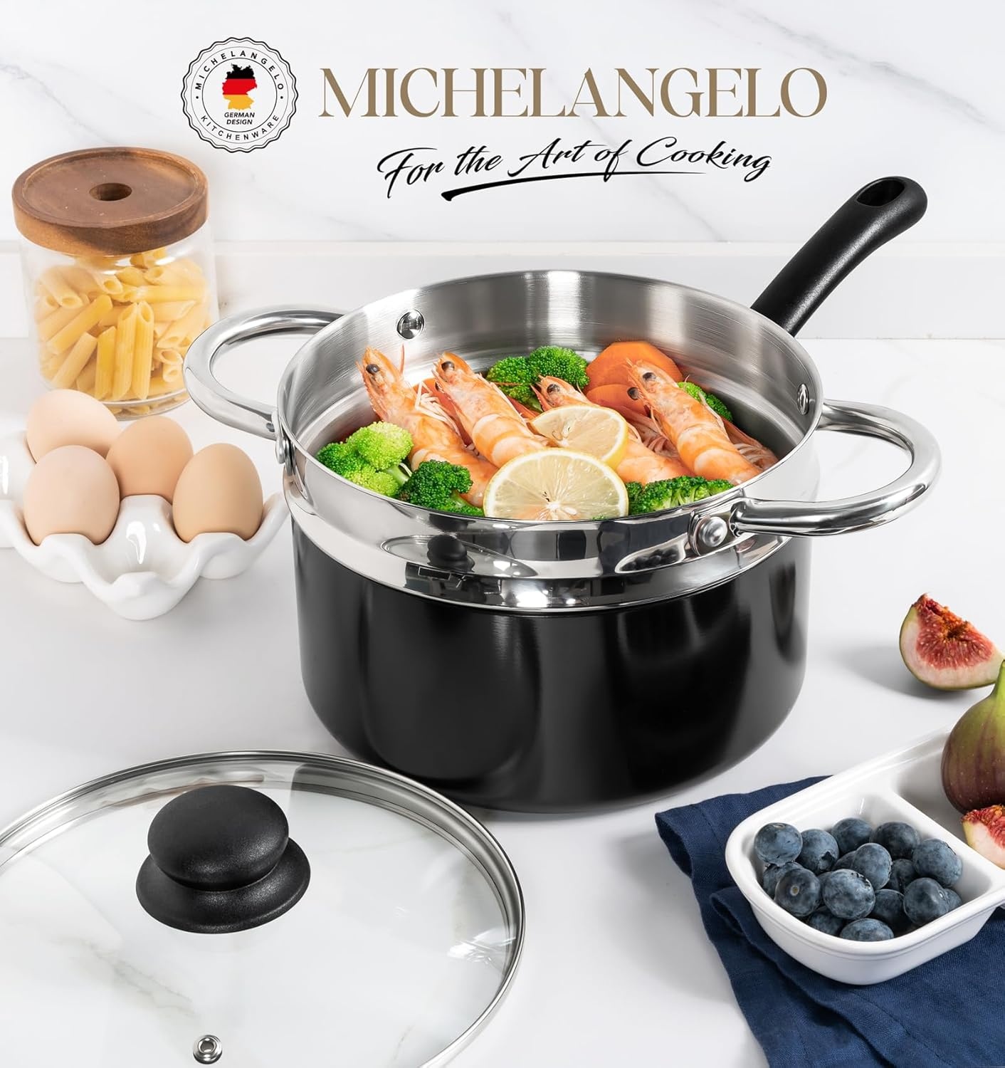 image:imageMICHELANGELO Nonstick Saucepan with Lid Ceramic Sauce Pan Sets Easy to Clean Sauce Pans MultiPurpose Cooking Pots 1QT amp 2QT amp 3QT WhiteSilver