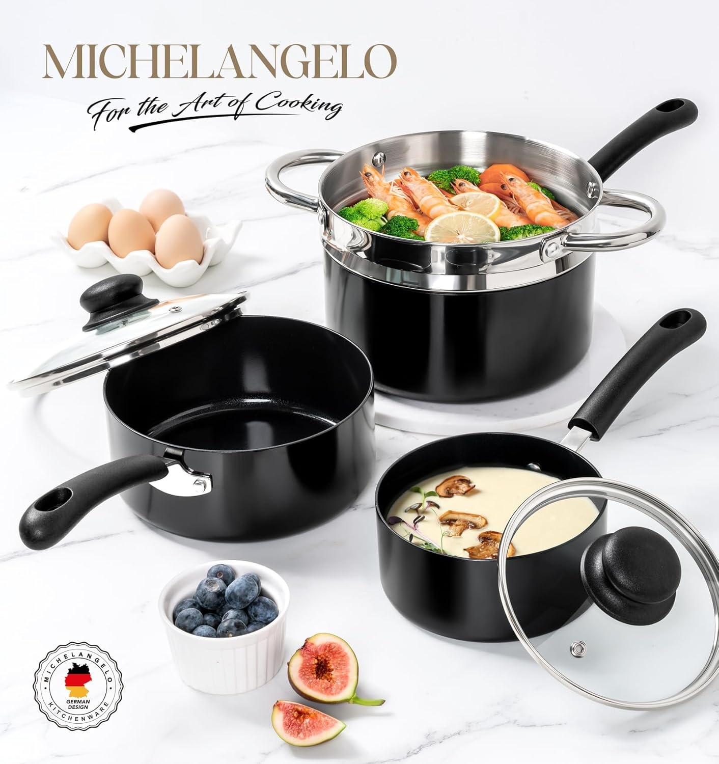 image:imageMICHELANGELO Nonstick Saucepan with Lid Ceramic Sauce Pan Sets Easy to Clean Sauce Pans MultiPurpose Cooking Pots 1QT amp 2QT amp 3QT WhiteSilver