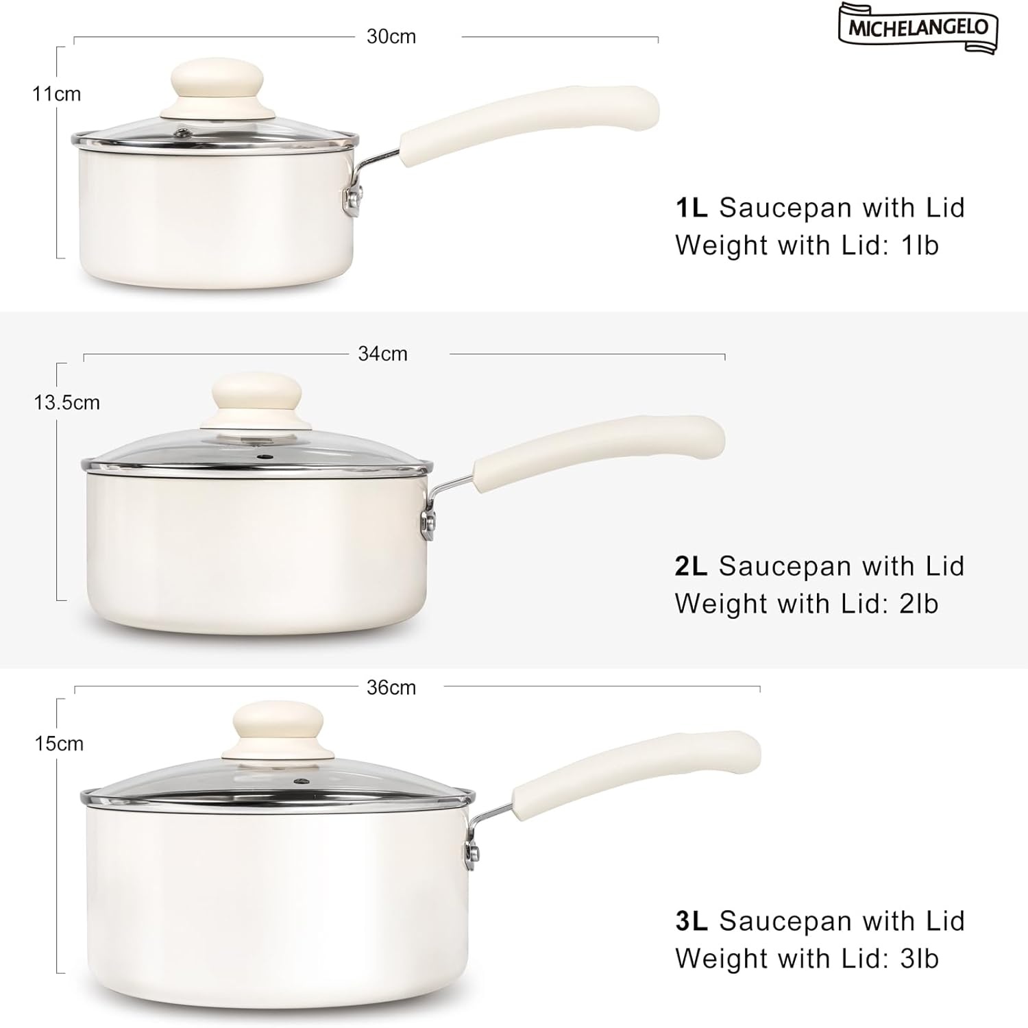 image:imageMICHELANGELO Nonstick Saucepan with Lid Ceramic Sauce Pan Sets Easy to Clean Sauce Pans MultiPurpose Cooking Pots 1QT amp 2QT amp 3QT WhiteWhite