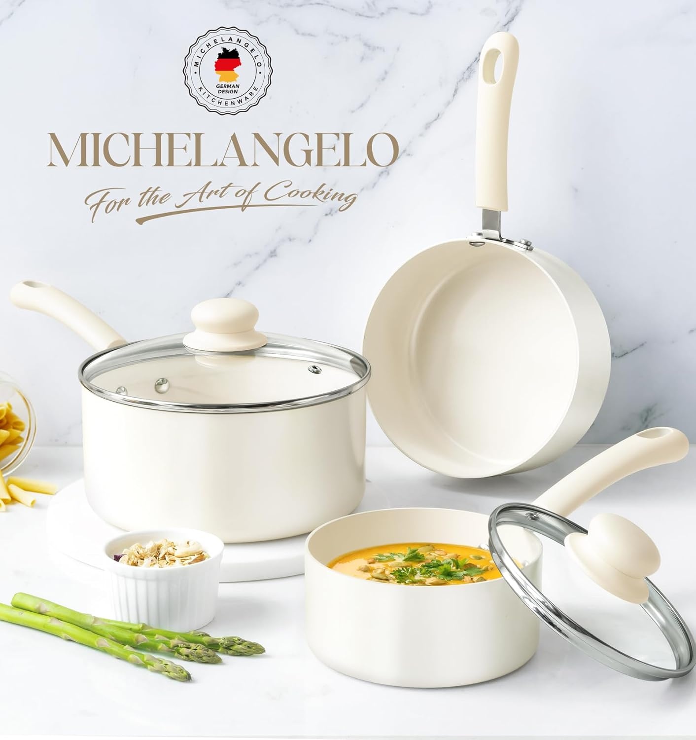 image:imageMICHELANGELO Nonstick Saucepan with Lid Ceramic Sauce Pan Sets Easy to Clean Sauce Pans MultiPurpose Cooking Pots 1QT amp 2QT amp 3QT WhiteWhite