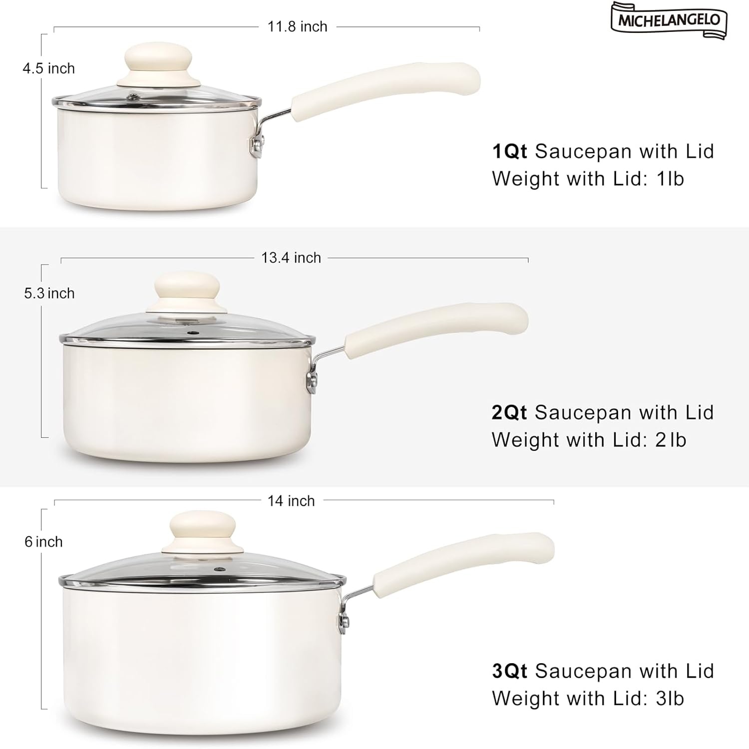 image:imageMICHELANGELO Nonstick Saucepan with Lid Ceramic Sauce Pan Sets Easy to Clean Sauce Pans MultiPurpose Cooking Pots 1QT amp 2QT amp 3QT WhiteWhite