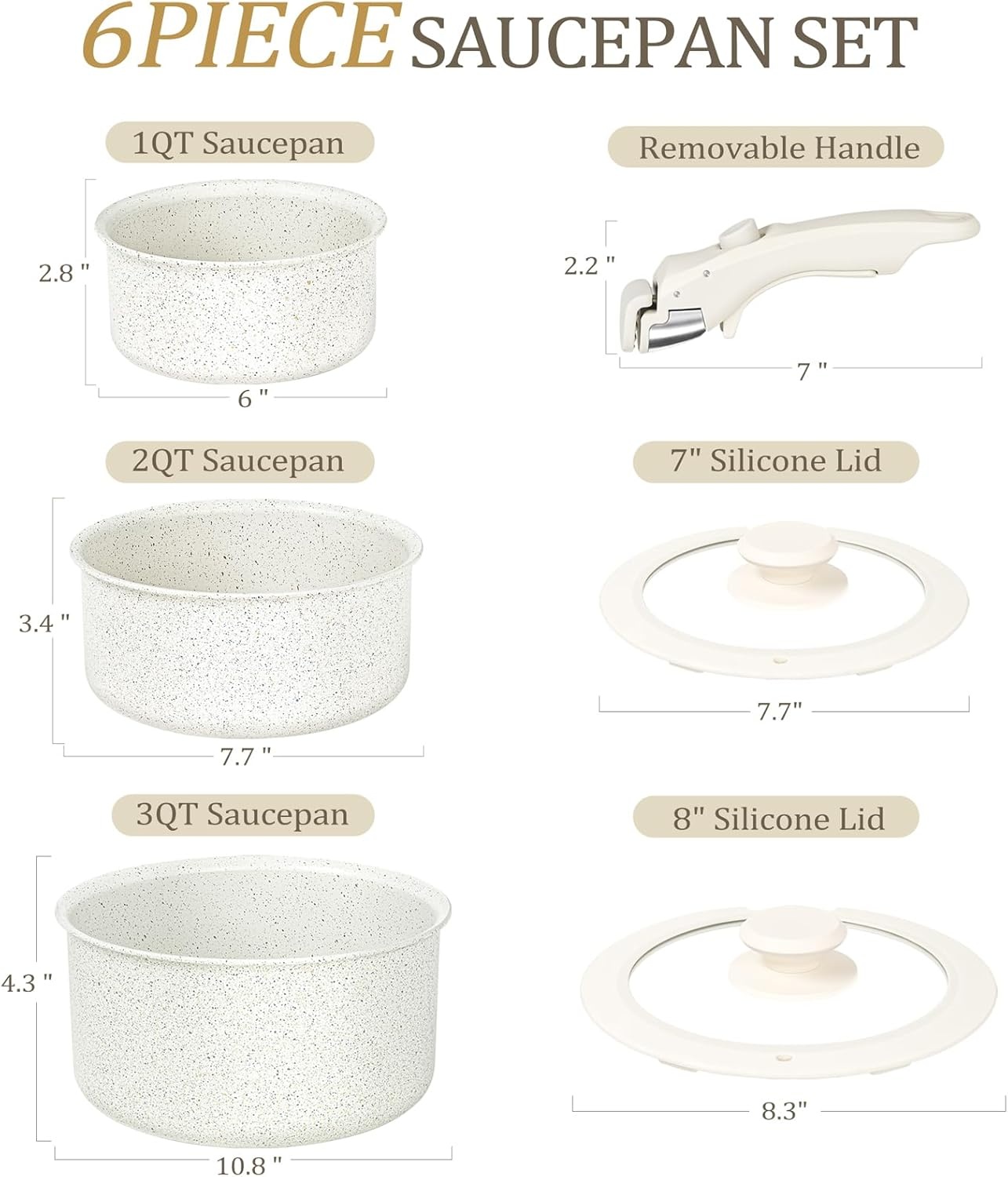image:imageMICHELANGELO Sauce Pan Set Nonstick 1Qt amp 2 Qt amp 3Qt Pots with Removable Handles Non Toxic Saucepan Set with Detachable Handle Stackable Pot Set for RV Camping Oven Safe 6 Piece