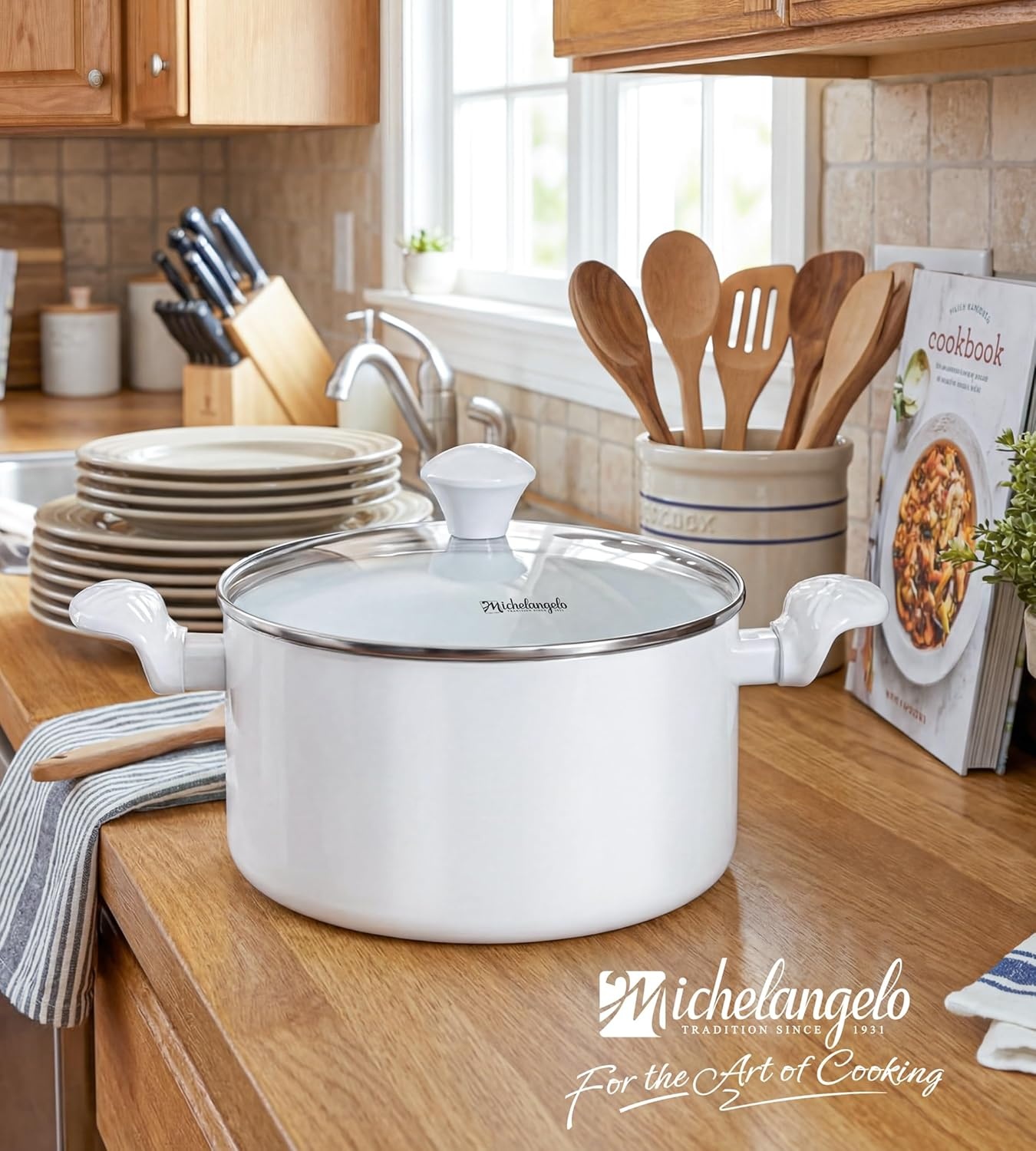 image:imageMICHELANGELO Stock Pot with Lid 6 Quart Soup Pot with Lid Nonstick Ceramic Cooking Pot with StayCool Handle Induction Compatible 6QT BlackWhite
