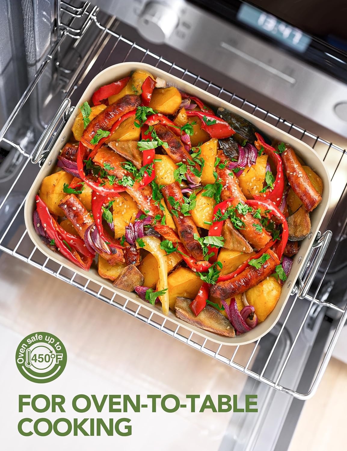 image:imageMICHELANGELO Nonstick Ceramic Roasting Pan with Rack Turkey Roasting Pan with Ceramic Coating Turkey Roaster Pan with Stainless Steel Rack 15 Inch x 13 Inch GreenGreen