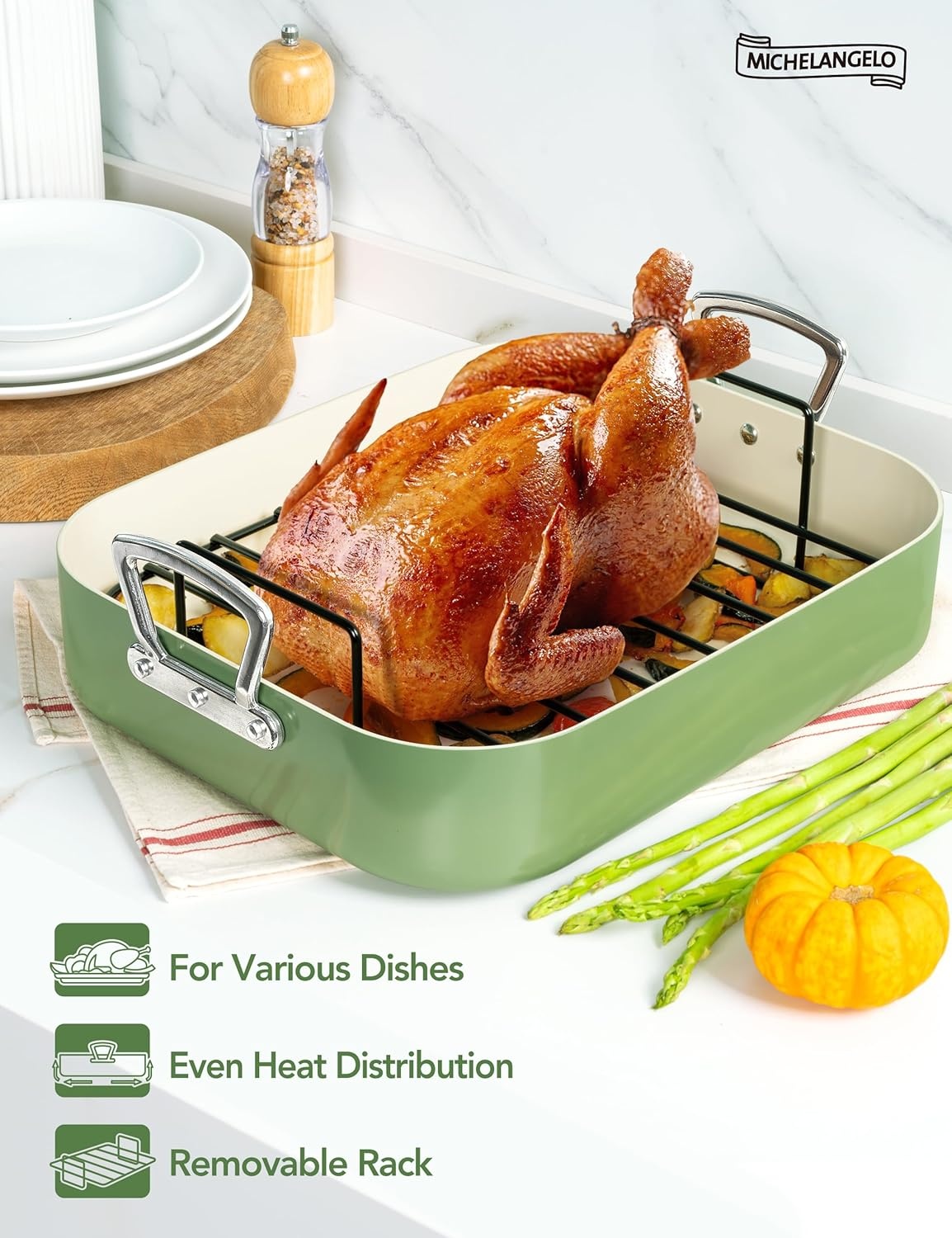 image:imageMICHELANGELO Nonstick Ceramic Roasting Pan with Rack Turkey Roasting Pan with Ceramic Coating Turkey Roaster Pan with Stainless Steel Rack 15 Inch x 13 Inch GreenGreen