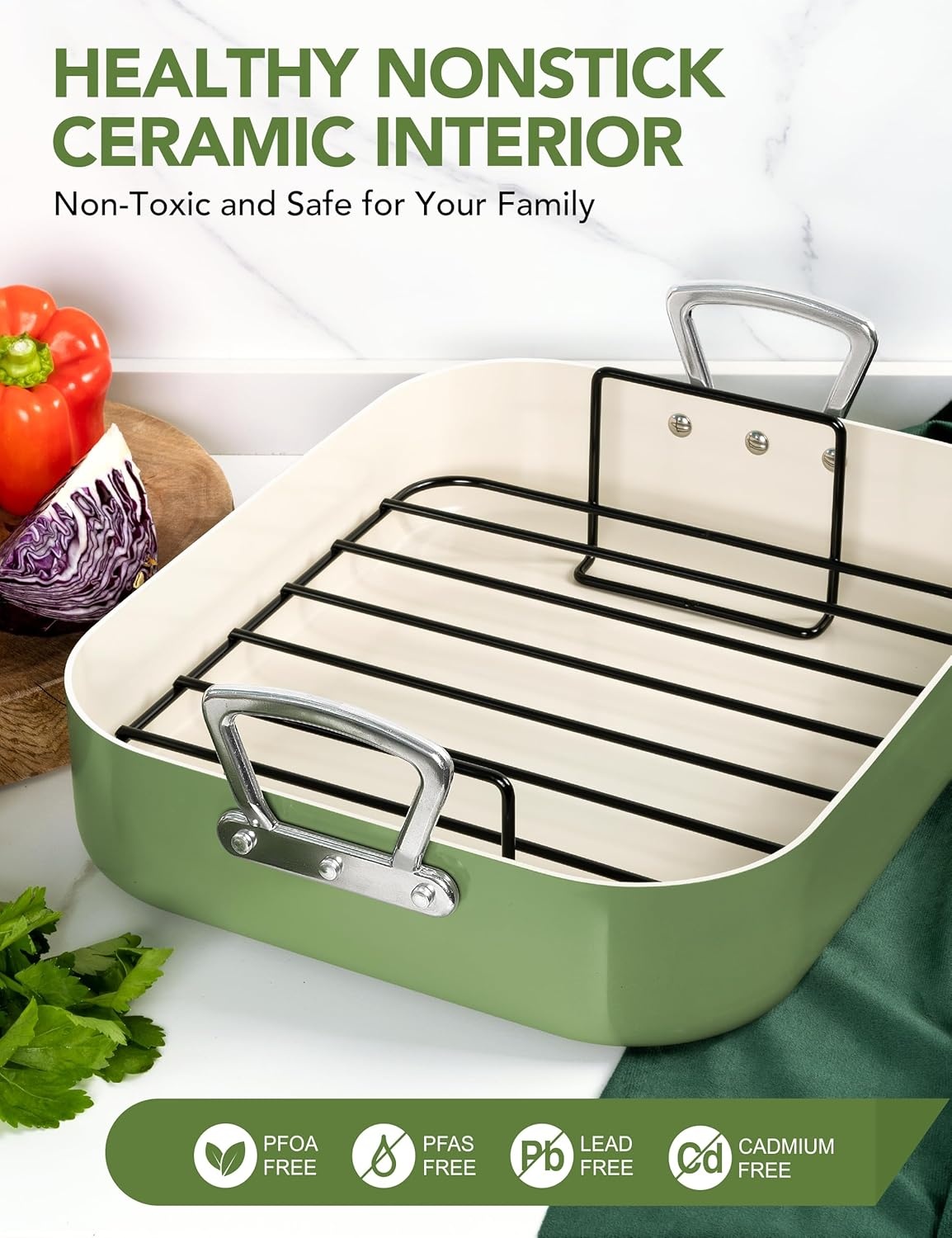image:imageMICHELANGELO Nonstick Ceramic Roasting Pan with Rack Turkey Roasting Pan with Ceramic Coating Turkey Roaster Pan with Stainless Steel Rack 15 Inch x 13 Inch GreenGreen