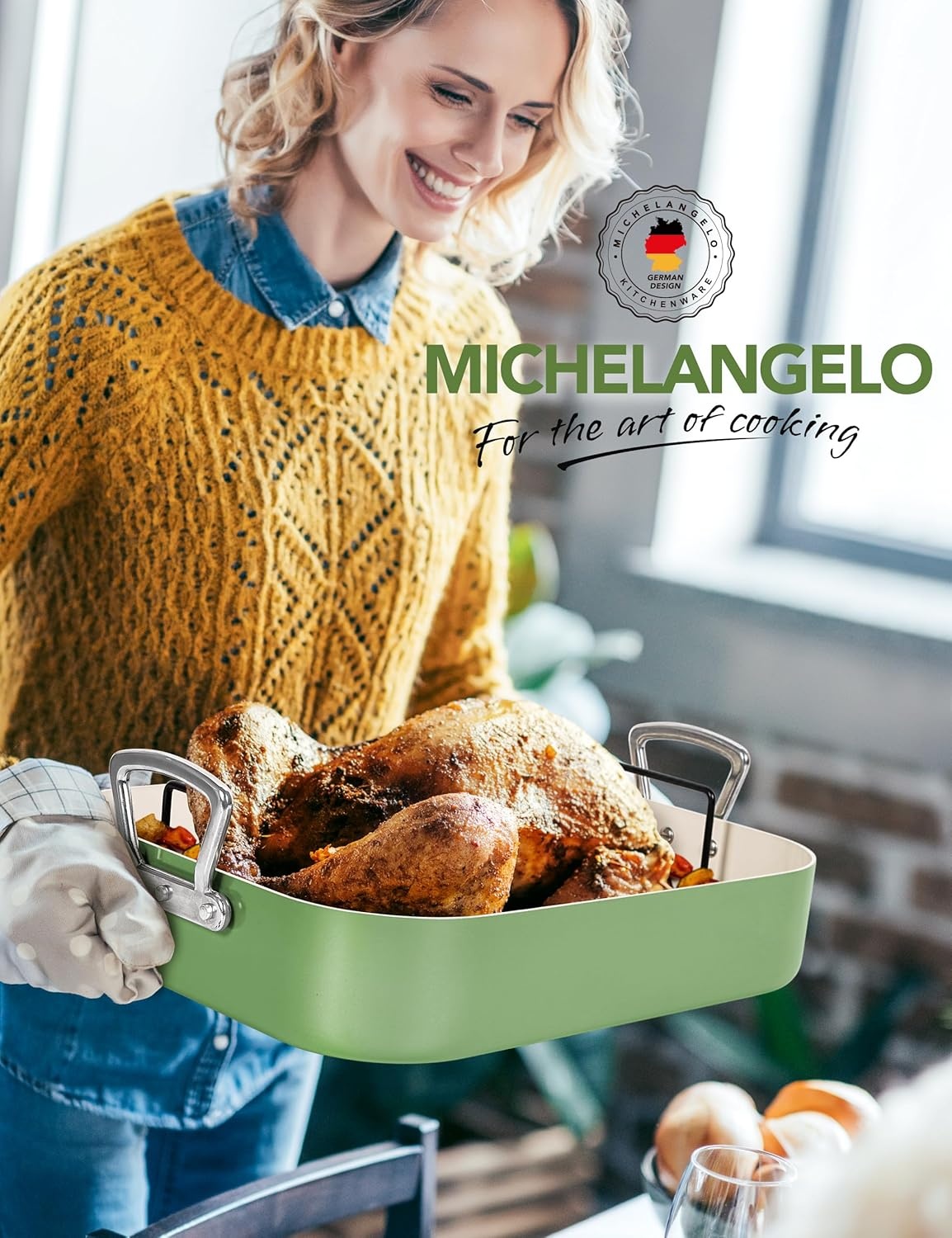 image:imageMICHELANGELO Nonstick Ceramic Roasting Pan with Rack Turkey Roasting Pan with Ceramic Coating Turkey Roaster Pan with Stainless Steel Rack 15 Inch x 13 Inch GreenGreen