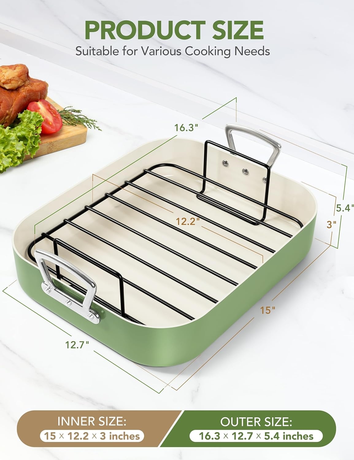 image:imageMICHELANGELO Nonstick Ceramic Roasting Pan with Rack Turkey Roasting Pan with Ceramic Coating Turkey Roaster Pan with Stainless Steel Rack 15 Inch x 13 Inch GreenGreen